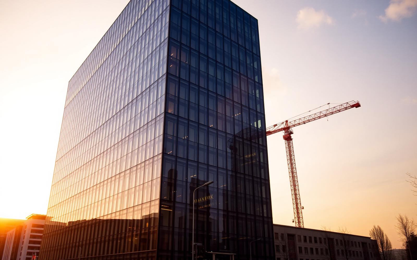 Modern glass office tower with construction crane at sunset